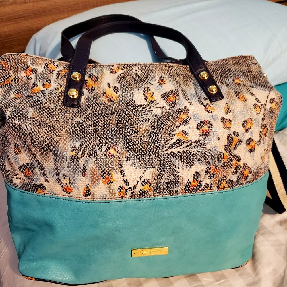 Jessica Simpson Leopard Print and Teal Hobo Bag